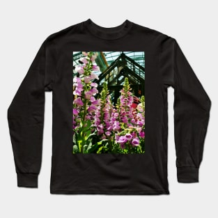 Pink Foxglove Framing a Glass Greenhouse Long Sleeve T-Shirt